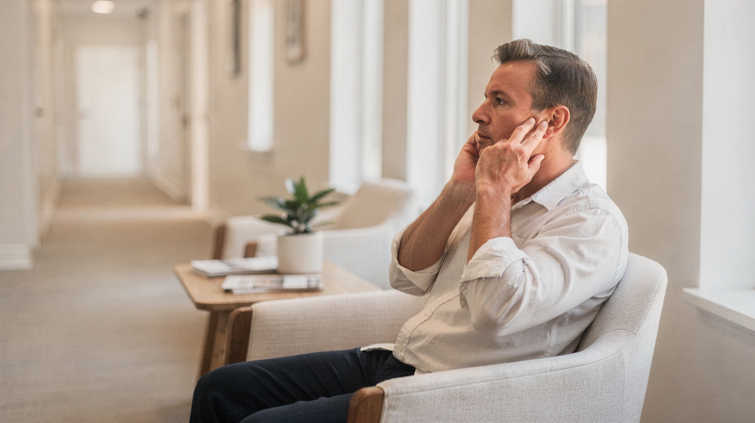 Man sitting in a modern clinic waiting room, touching his ear during a phone call